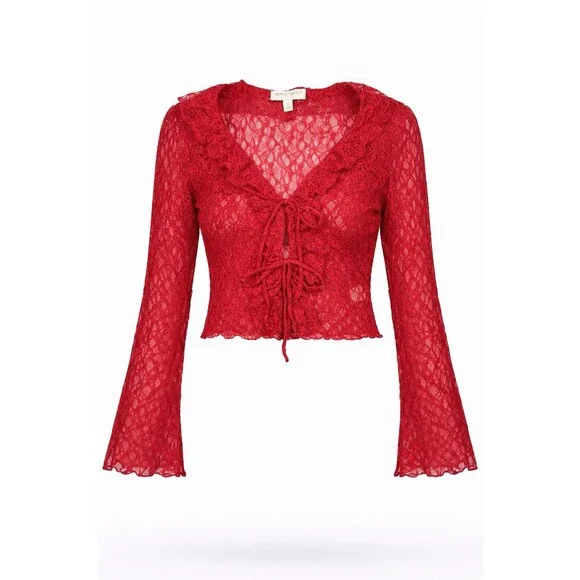 Thirty Thirty LA Red Lace Ruffle Tie Front Top Bell Sleeve Sheer Coquette NWT - Picture 1 of 15